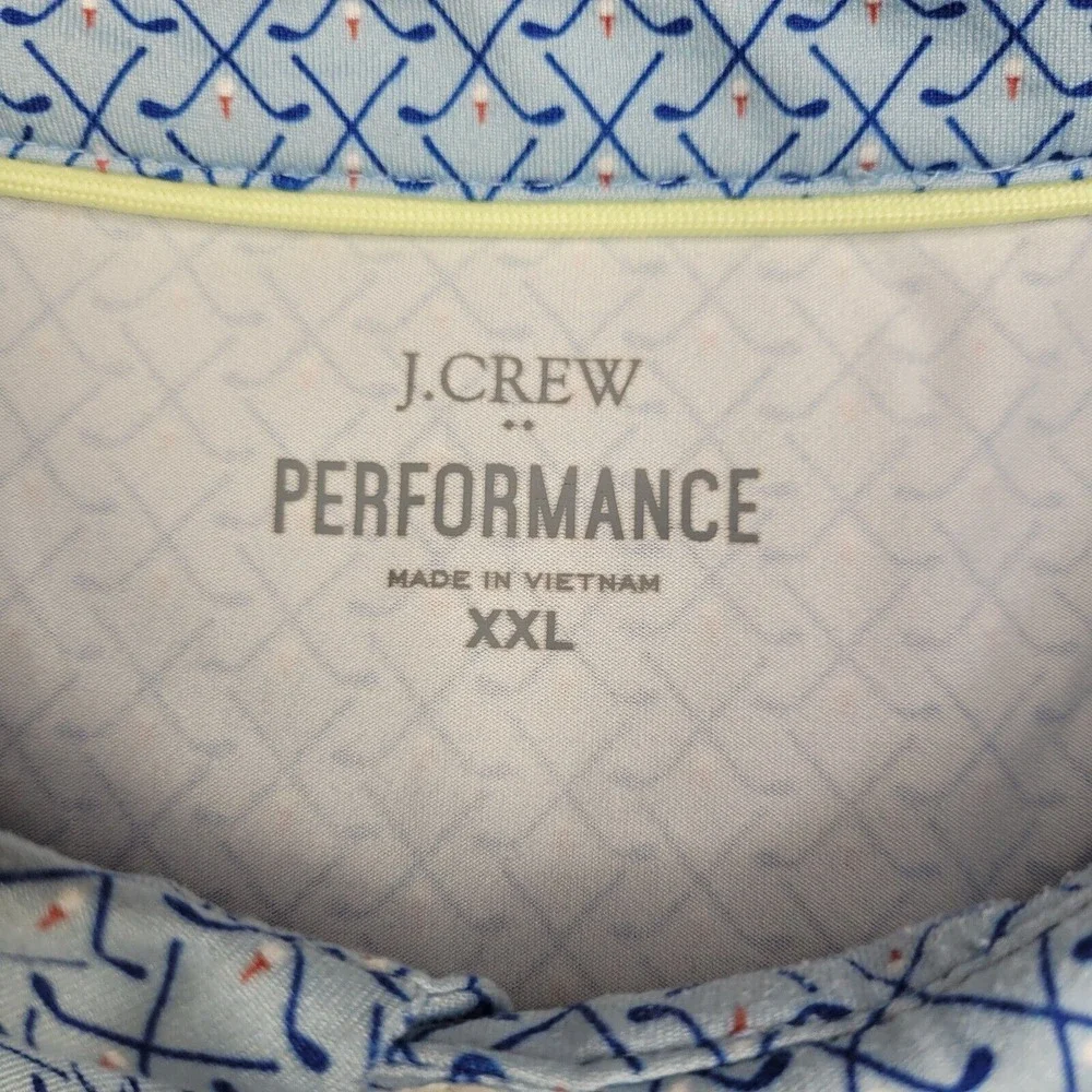 J Crew Golf Performance Polo Shirt‎ Mens 2XL Blue Short Sleeve Golf Club Print
